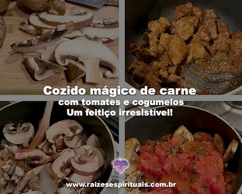 Cozido mágico de carne tomates e cogumelos