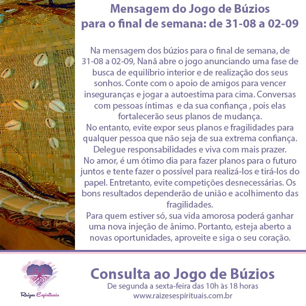 mensagem dos buzios para o final de semana de 31-08 a 02-09